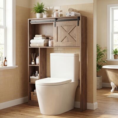Costway Organizzatore da bagno indipendente con porta scorrevole ripiani di stoccaggio, Armadietto della toilette Marrone scuro Costway Organizzatore da bagno indipendente con porta scorrevole ripiani di stoccaggio, Armadietto della toilette Marrone scuro