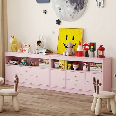 Costway Organizzatore per giocattoli per bambini con scomparto aperto 2 cassetti e 2 ante, Scaffale per libri in legno Rosa Costway Organizzatore per giocattoli per bambini con scomparto aperto 2 cassetti e 2 ante, Scaffale per libri in legno Rosa