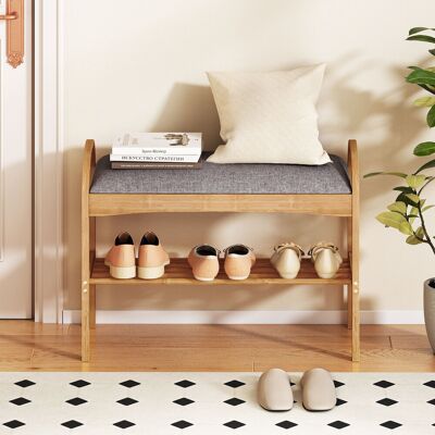 Costway Panca porta scarpe in bambù a 2 livelli con cuscino imbottito e ripiano, Organizzatore compatto per ingresso 70x31,5x51 cm Costway Panca porta scarpe in bambù a 2 livelli con cuscino imbottito e ripiano, Organizzatore compatto per ingresso 70x31,5x51 cm