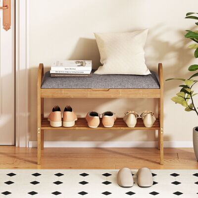 Costway Panca porta scarpe in bambù con contenitore e 2 livelli, Organizzatore compatto con cuscino per ingresso corridoio 70x31,5x51 cm Costway Panca porta scarpe in bambù con contenitore e 2 livelli, Organizzatore compatto con cuscino per ingresso corridoio 70x31,5x51 cm