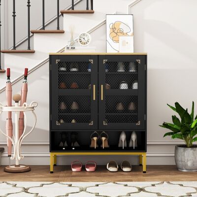 Costway Armadio porta scarpe in legno con mensole regolabili e gambe metallo, Armadio porta scarpe a 5 ripiani con ante rete Nero Costway Armadio porta scarpe in legno con mensole regolabili e gambe metallo, Armadio porta scarpe a 5 ripiani con ante rete Nero