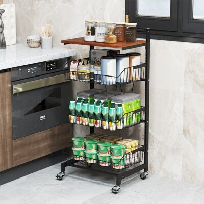 Costway Carrello da cucina con ruote a 4 piani con piano in legno, Carrello con cestini regolabili in altezza e rimovibili Costway Carrello da cucina con ruote a 4 piani con piano in legno, Carrello con cestini regolabili in altezza e rimovibili