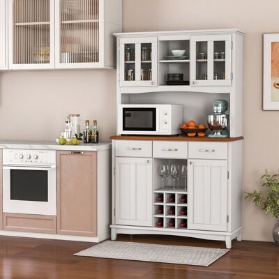 Costway Credenza alta con ante in vetro temperato portabottiglie ripiani regolabili 3 cassetti, Mobile dispensa da cucina Costway Credenza alta con ante in vetro temperato portabottiglie ripiani regolabili 3 cassetti, Mobile dispensa da cucina