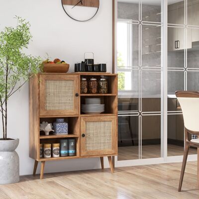 Costway Credenza in rattan con 4 scomparti e 2 porte decorate in rattan, Armadietto buffet in stile boho Naturale Costway Credenza in rattan con 4 scomparti e 2 porte decorate in rattan, Armadietto buffet in stile boho Naturale