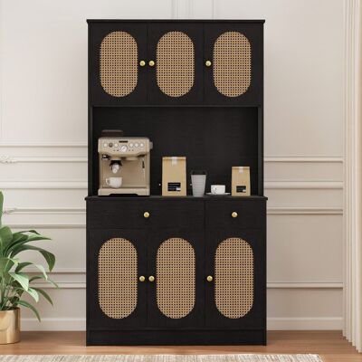 Costway Credenza indipendente boho per soggiorno con 6 ante in rattan 2 cassetti, Mobile dispensa 180 cm con vetrina Nero Costway Credenza indipendente boho per soggiorno con 6 ante in rattan 2 cassetti, Mobile dispensa 180 cm con vetrina Nero