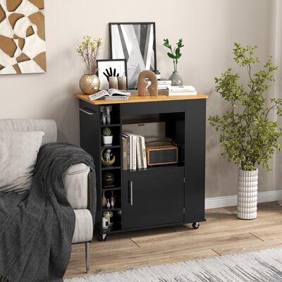 Costway Isola da cucina con ruote e portabottiglie a 6 scomparti piano in bambù, Carrello da cucina 76x44x89cm Nero Costway Isola da cucina con ruote e portabottiglie a 6 scomparti piano in bambù, Carrello da cucina 76x44x89cm Nero
