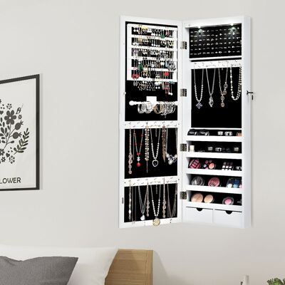 Costway Armadio per gioielli con specchio e luci LED, Organizer al muro o sulla porta con ganci regolabili Bianco Costway Armadio per gioielli con specchio e luci LED, Organizer al muro o sulla porta con ganci regolabili Bianco