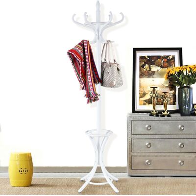 Costway Appendiabiti da terra in legno con portaombrelli e 12 ganci Attaccapanni base a 4 piedi 184cm Bianco Costway Appendiabiti da terra in legno con portaombrelli e 12 ganci Attaccapanni base a 4 piedi 184cm Bianco