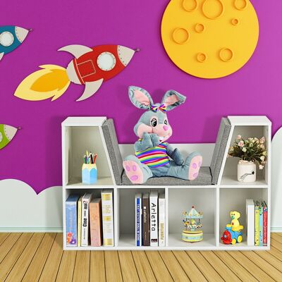 Costway Scaffale per libri in legno Libreria con 6 box scomparti e una sedia per bambini Bianco Costway Scaffale per libri in legno Libreria con 6 box scomparti e una sedia per bambini Bianco