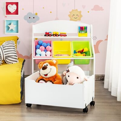 Costway Libreria di legno con ruote per bambini, Organizer libri e giocattoli con 3 cesti, Bianco Costway Libreria di legno con ruote per bambini, Organizer libri e giocattoli con 3 cesti, Bianco