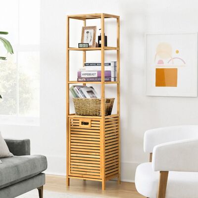 Costway Organizer torre con cesta di bambù e 3 mensole, Cesto della biancheria a scomparsa per bagno Naturale Costway Organizer torre con cesta di bambù e 3 mensole, Cesto della biancheria a scomparsa per bagno Naturale