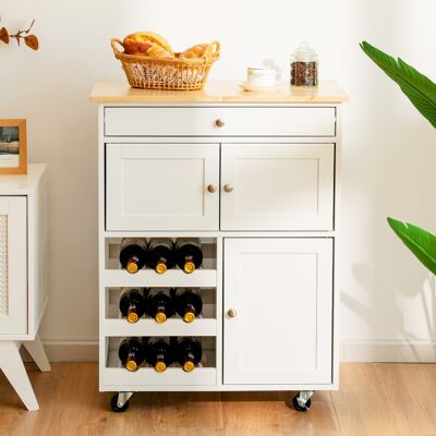 Costway Carrello da cucina con portabottiglie a 3 livelli e cassetto, Isola da cucina con superficie in legno Bianco Costway Carrello da cucina con portabottiglie a 3 livelli e cassetto, Isola da cucina con superficie in legno Bianco