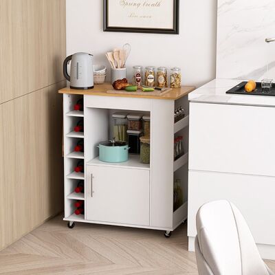 Costway Isola da cucina con ruote e portabottiglie a 6 scomparti piano in bambù, Carrello da cucina 76x44x89cm Bianco Costway Isola da cucina con ruote e portabottiglie a 6 scomparti piano in bambù, Carrello da cucina 76x44x89cm Bianco