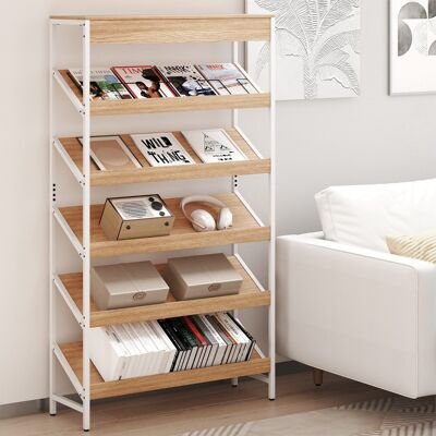 Costway Libreria a 6 ripiani scaffale inclinato con struttura metallica robusta, Libreria porta giornali industriale Legno naturale Costway Libreria a 6 ripiani scaffale inclinato con struttura metallica robusta, Libreria porta giornali industriale Legno naturale