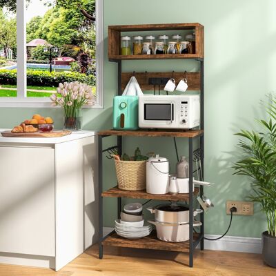 Costway Mensola da cucina con presa elettrica ripiani aperti e 10 ganci appendiabiti, Supporto per microonde alto 153cm Marrone Costway Mensola da cucina con presa elettrica ripiani aperti e 10 ganci appendiabiti, Supporto per microonde alto 153cm Marrone