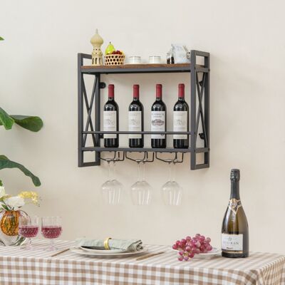 Costway Portabottiglie a 2 livelli da parete industriale, Scaffale di stoccaggio per vino con 3 porta calici Marrone Costway Portabottiglie a 2 livelli da parete industriale, Scaffale di stoccaggio per vino con 3 porta calici Marrone