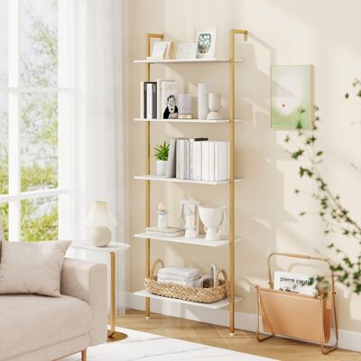 Costway Scaffale a scala a 5 ripiani per esposizione, Libreria da parete con struttura in metallo e piedini regolabili Bianco + Oro Costway Scaffale a scala a 5 ripiani per esposizione, Libreria da parete con struttura in metallo e piedini regolabili Bianco + Oro