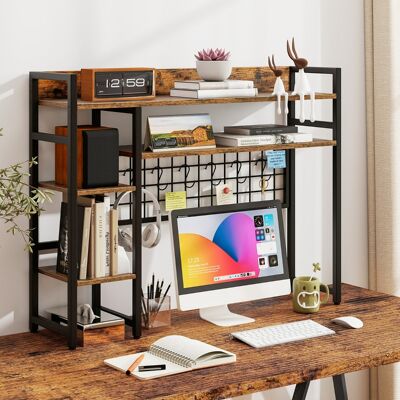 Costway Mensola da scrivania a 4 ripiani con pannello a griglia metallica e 6 ganci, Organizzatore da scrivania per dormitorio Marrone Costway Mensola da scrivania a 4 ripiani con pannello a griglia metallica e 6 ganci, Organizzatore da scrivania per dormitorio Marrone