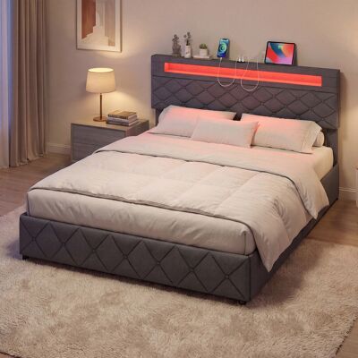 Costway Cornice letto matrimoniale luci led porte usb cassetti testiera, Cornice stoccaggio regolabile doghe legno senza rete 207,5 x 165 x 101-114,5 cm Costway Cornice letto matrimoniale luci led porte usb cassetti testiera, Cornice stoccaggio regolabile doghe legno senza rete 207,5 x 165 x 101-114,5 cm