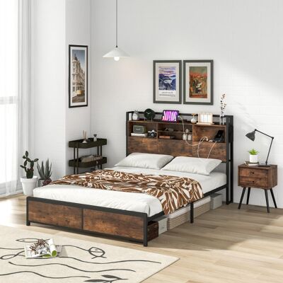 Costway Struttura letto con testiera contenitore e stazione di ricarica, Letto a piattaforma in metallo Marrone 223x163x112cm Costway Struttura letto con testiera contenitore e stazione di ricarica, Letto a piattaforma in metallo Marrone 223x163x112cm