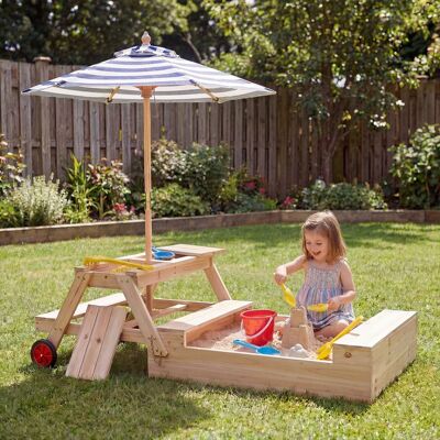Costway 3 in 1 Sabbiera in legno con panche ombrellone rimovibile e regolabile e ruote, Tavolo da picnic per bambini trasformabile Costway 3 in 1 Sabbiera in legno con panche ombrellone rimovibile e regolabile e ruote, Tavolo da picnic per bambini trasformabile