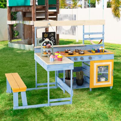 Costway Cucina da giardino con tavolo da picnic per bambini, Set gioco in legno di abete con panchina Blu Costway Cucina da giardino con tavolo da picnic per bambini, Set gioco in legno di abete con panchina Blu