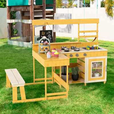 Costway Cucina da giardino con tavolo da picnic per bambini, Set gioco in legno di abete con panchina Legno naturale Costway Cucina da giardino con tavolo da picnic per bambini, Set gioco in legno di abete con panchina Legno naturale