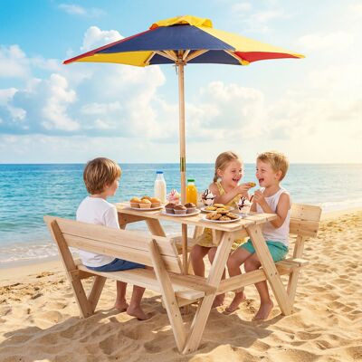 Costway Tavolo da picnic per bambini con ombrellone regolabile in altezza e struttura in legno massello, Set tavolo e panche da giardino Costway Tavolo da picnic per bambini con ombrellone regolabile in altezza e struttura in legno massello, Set tavolo e panche da giardino