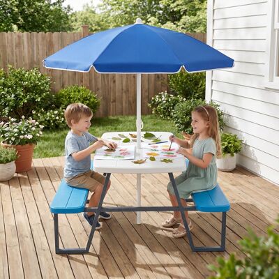 Costway Tavolo da picnic per bambini con ombrellone regolabile in altezza, Set tavolo e panche da giardino struttura in metallo e borsa Blu Costway Tavolo da picnic per bambini con ombrellone regolabile in altezza, Set tavolo e panche da giardino struttura in metallo e borsa Blu