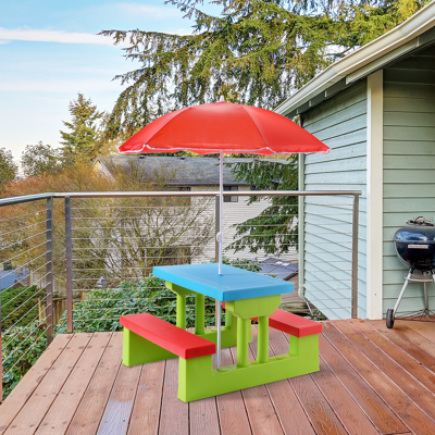 Costway Tavolo da picnic per bambini con parasole pieghevole Set di tavolo e panche per giardino 67x41x47cm Costway Tavolo da picnic per bambini con parasole pieghevole Set di tavolo e panche per giardino 67x41x47cm