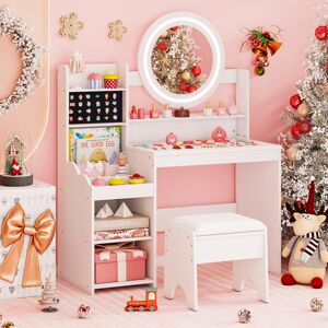 Costway Scrivania bambini specchio luci tavolo trucco principessa scaffale aperta, Tavolo anelli spazi sgabello imbottito finzione giochi bambini Bianco Costway Scrivania bambini specchio luci tavolo trucco principessa scaffale aperta, Tavolo anelli spazi sgabello imbottito finzione giochi bambini Bianco