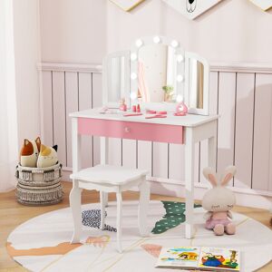 Costway Set tavolo trucco bambini 2 in 1 principessa specchio 3 pieghe luci led, Set sgabello legno bambine 3+ anni gioco creativo regalo Bianco Costway Set tavolo trucco bambini 2 in 1 principessa specchio 3 pieghe luci led, Set sgabello legno bambine 3+ anni gioco creativo regalo Bianco