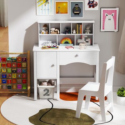 Costway Set scrivania e sedia per bambini per studente con postazione per computer per camera da letto, Tavolo per lavoro in legno con sedia Bianco Costway Set scrivania e sedia per bambini per studente con postazione per computer per camera da letto, Tavolo per lavoro in legno con sedia Bianco
