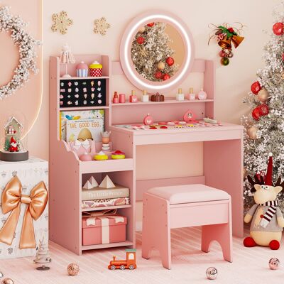 Costway Scrivania bambini specchio luci tavolo trucco principessa scaffale aperta, Tavolo anelli spazi sgabello imbottito finzione giochi bambini Rosa Costway Scrivania bambini specchio luci tavolo trucco principessa scaffale aperta, Tavolo anelli spazi sgabello imbottito finzione giochi bambini Rosa