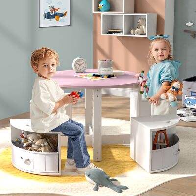 Costway Set tavolo e sedie per bambini a 5 pezzi, Tavolo rotondo con 4 sgabelli e ripiano e 4 cassetti in tessuto Rosa e bianco Costway Set tavolo e sedie per bambini a 5 pezzi, Tavolo rotondo con 4 sgabelli e ripiano e 4 cassetti in tessuto Rosa e bianco
