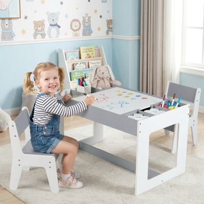 Costway Set tavolo multifunzionale bambini 2 sedie legno piano doppio rimovibile, Lavagna nera bianca compartimenti laterali divisori staccabili Grigio Costway Set tavolo multifunzionale bambini 2 sedie legno piano doppio rimovibile, Lavagna nera bianca compartimenti laterali divisori staccabili Grigio