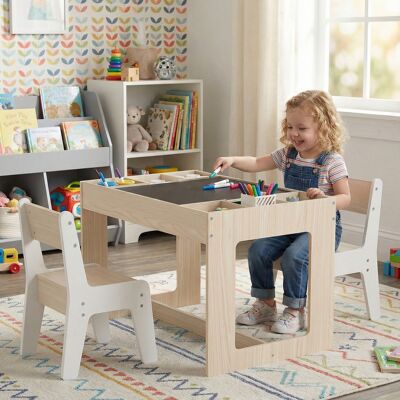 Costway Set tavolo multifunzionale bambini 2 sedie legno piano doppio rimovibile, Lavagna nera bianca compartimenti laterali divisori staccabili Naturale Costway Set tavolo multifunzionale bambini 2 sedie legno piano doppio rimovibile, Lavagna nera bianca compartimenti laterali divisori staccabili Naturale