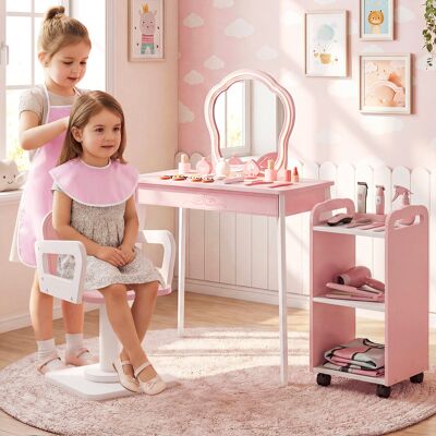 Costway Set toeletta per bambini tavolo da parrucchiere con poltrona girevole e carrello con ruote, Postazione trucco con asciugacapelli e pettine Costway Set toeletta per bambini tavolo da parrucchiere con poltrona girevole e carrello con ruote, Postazione trucco con asciugacapelli e pettine