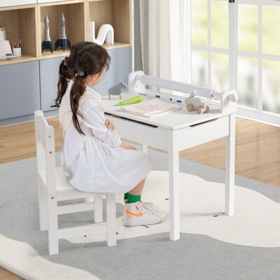 Costway Set tavolino e sedia vano portaoggetti e portarotolo per disegnare giocare, Tavolo per bambini con sedia Bianco Costway Set tavolino e sedia vano portaoggetti e portarotolo per disegnare giocare, Tavolo per bambini con sedia Bianco
