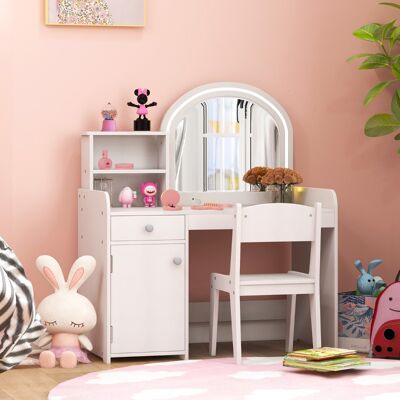 Costway Set tavolo da trucco per bambini con sedia mensole cassetto e anta, Toeletta da trucco in legno con luci LED Bianco Costway Set tavolo da trucco per bambini con sedia mensole cassetto e anta, Toeletta da trucco in legno con luci LED Bianco
