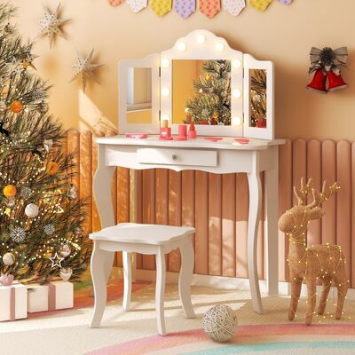Costway Set tavolo da trucco per bambini con sgabello, Set tavolo vanity principessa con specchio a tre pieghe in vetro Bianco Costway Set tavolo da trucco per bambini con sgabello, Set tavolo vanity principessa con specchio a tre pieghe in vetro Bianco