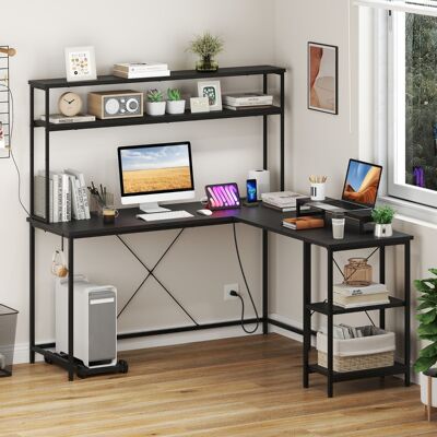 Costway Tavolo da gioco a L con striscia LED e prese di corrente, Scrivania angolare con mensola supporto per monitor/CPU Nero Costway Tavolo da gioco a L con striscia LED e prese di corrente, Scrivania angolare con mensola supporto per monitor/CPU Nero