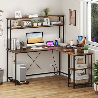 Costway Tavolo da gioco a L con striscia LED e prese di corrente, Scrivania angolare con mensola supporto per monitor/CPU Marrone Costway Tavolo da gioco a L con striscia LED e prese di corrente, Scrivania angolare con mensola supporto per monitor/CPU Marrone