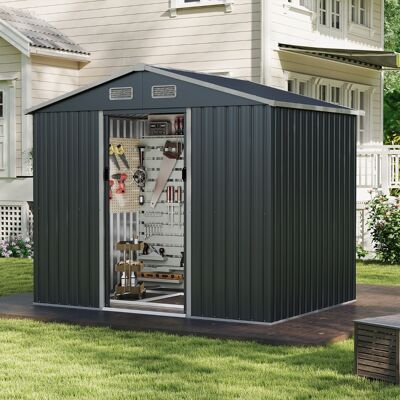 Costway Ampio portattrezzi con tetto spiovente e porte scorrevoli base a pavimento, Capanno da giardino esterno 4 prese d'aria Grigio scuro Costway Ampio portattrezzi con tetto spiovente e porte scorrevoli base a pavimento, Capanno da giardino esterno 4 prese d'aria Grigio scuro