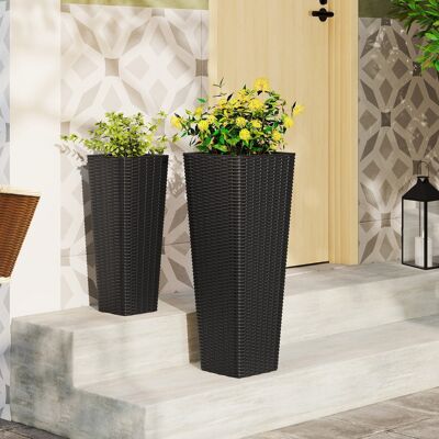 Costway Grandi fioriere affusolate per esterni con vassoi interni rimovibili, Set di fioriere alte in rattan da 2 fori di drenaggio Nero Costway Grandi fioriere affusolate per esterni con vassoi interni rimovibili, Set di fioriere alte in rattan da 2 fori di drenaggio Nero