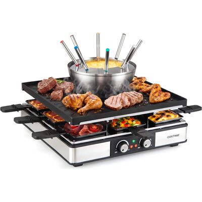 Costway Griglia per raclette e fonduta 3 in 1 da 2200 W con teglia antiaderente 8 padelline spatola e forchette, Griglia elettrica da tavolo con doppio termos Costway Griglia per raclette e fonduta 3 in 1 da 2200 W con teglia antiaderente 8 padelline spatola e forchette, Griglia elettrica da tavolo con doppio termos