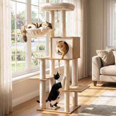 Costway Albero gatti moderno sisal tiragraffi condo trespolo ampio cesto, Albero gatti giocattolo moquette cuscini lavabili legno 148cm Costway Albero gatti moderno sisal tiragraffi condo trespolo ampio cesto, Albero gatti giocattolo moquette cuscini lavabili legno 148cm