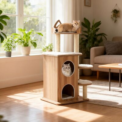 Costway Albero per gatti in legno condominio 2 piani 3 piattaforme con cuscin, Torre per gatti piattaforma testa di gatto posti grattare sisal Costway Albero per gatti in legno condominio 2 piani 3 piattaforme con cuscin, Torre per gatti piattaforma testa di gatto posti grattare sisal