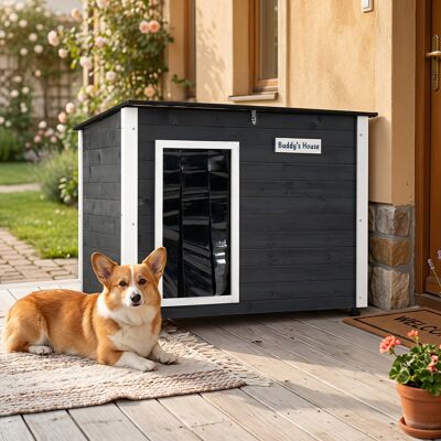 Costway Casetta per cani e gatti con tetto inclinato apribile porta in pvc e piedini antiscivolo, Cuccia per animali domestici in legno Costway Casetta per cani e gatti con tetto inclinato apribile porta in pvc e piedini antiscivolo, Cuccia per animali domestici in legno
