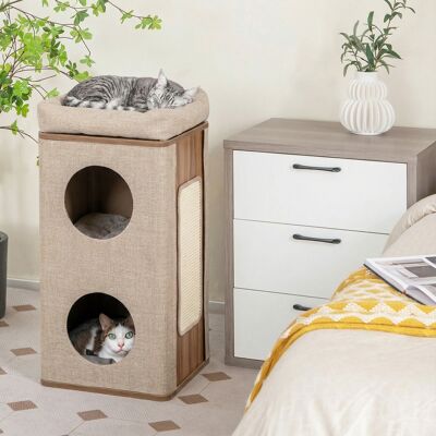Costway Casetta per gatti a 3 piani con tiragraffi 2 scomparti coperti cuccia 3 materassini, Casa gatti moderna Beige Costway Casetta per gatti a 3 piani con tiragraffi 2 scomparti coperti cuccia 3 materassini, Casa gatti moderna Beige